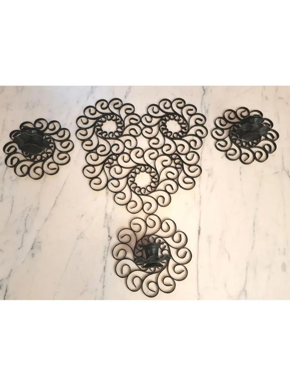 4 Pc Vintage Decorative Wrought Iron Scroll Work Heart and 3 Sconces